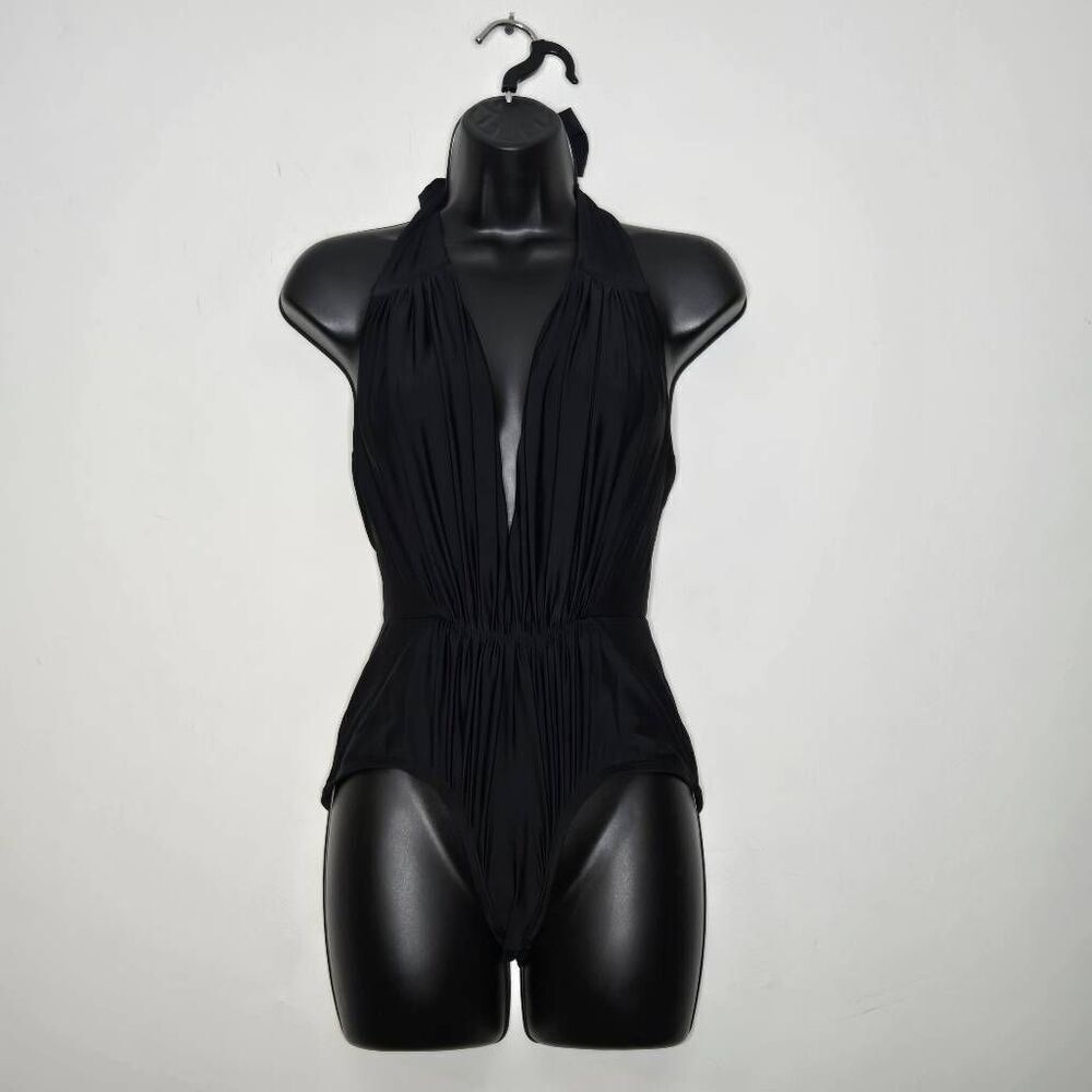 Unique Vintage Derek Swimsuit Size Small Black Retro Deep V Pinup